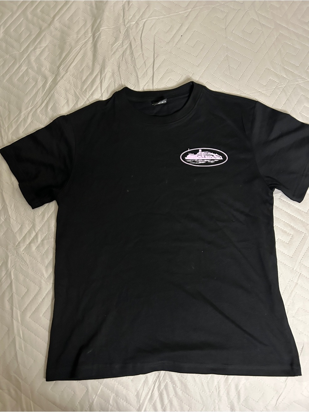 Men's Black Short-Sleeve Crewneck Tee with Pink Logo